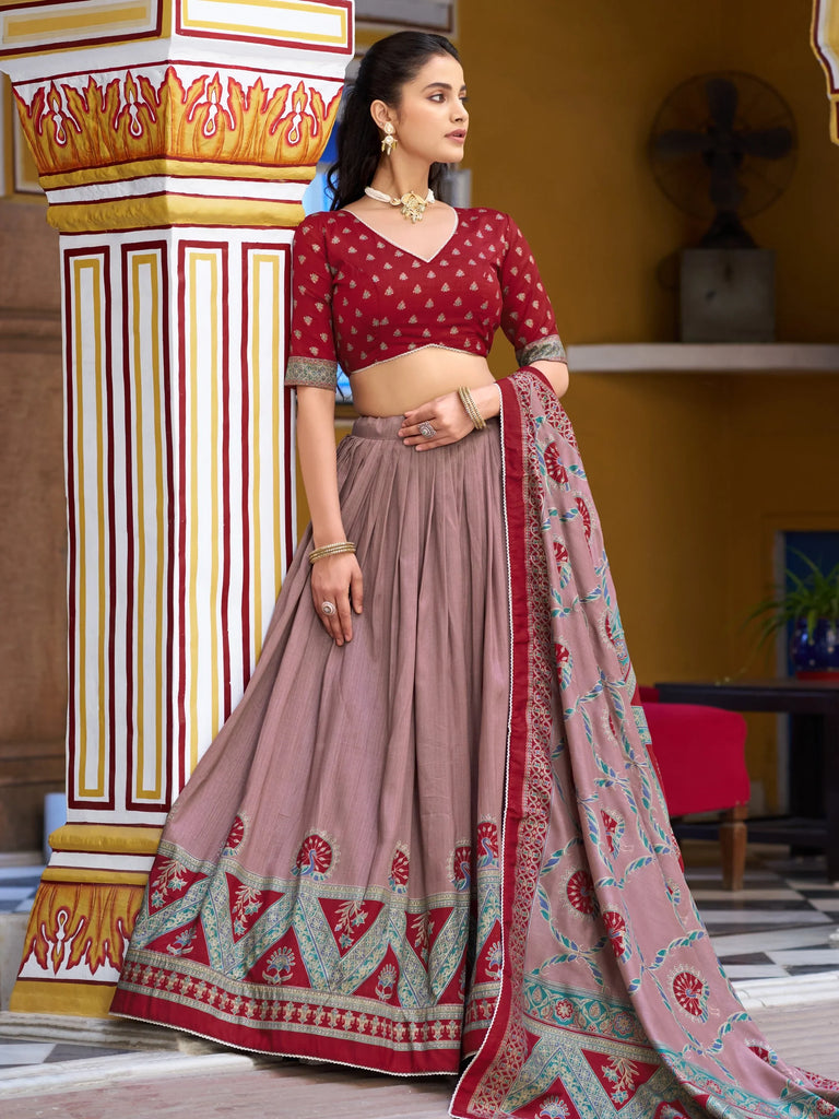 Spectacular Maroon Digital Printed Silk Marriage Wear Lehenga With Choli