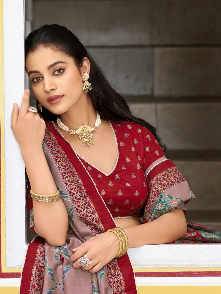 Spectacular Maroon Digital Printed Silk Marriage Wear Lehenga With Choli