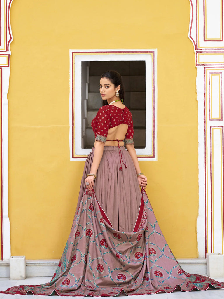 Spectacular Maroon Digital Printed Silk Marriage Wear Lehenga With Choli