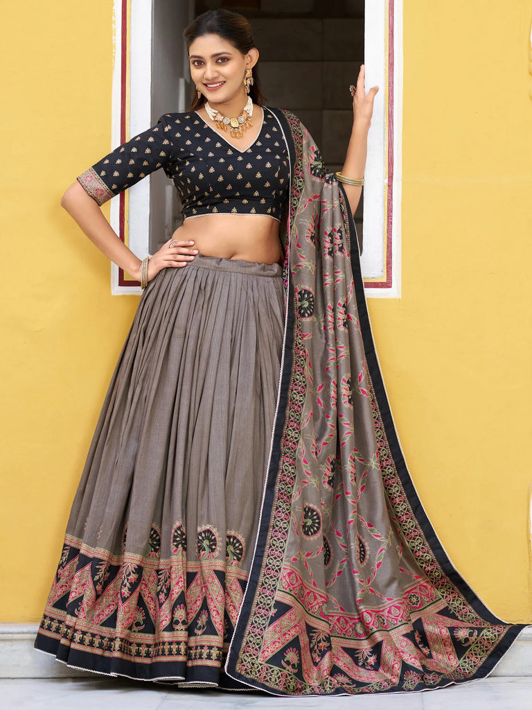 Glorious Black Digital Printed Silk Event Wear Lehenga Choli With Dupatta