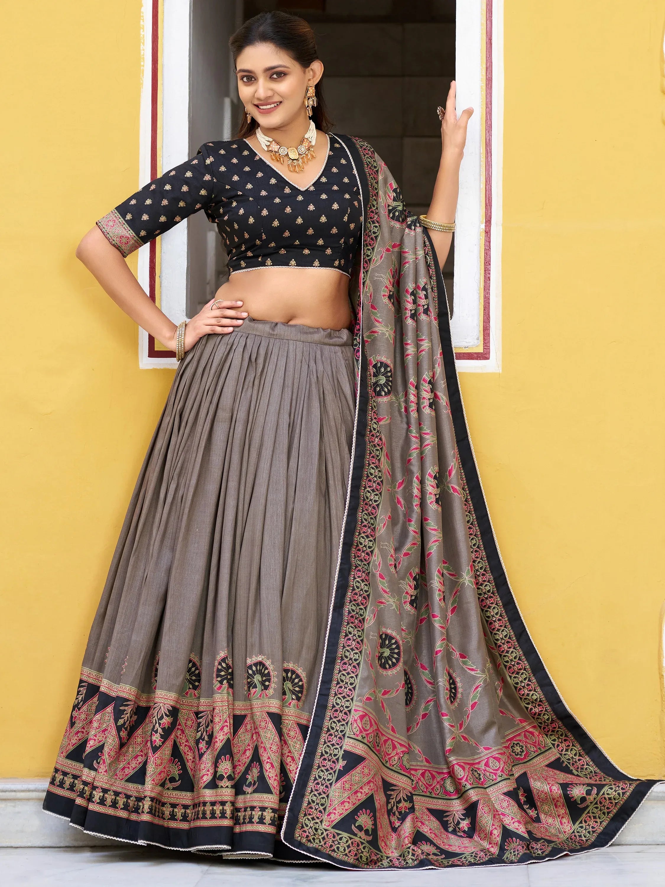 Glorious Black Digital Printed Silk Event Wear Lehenga Choli With Dupatta
