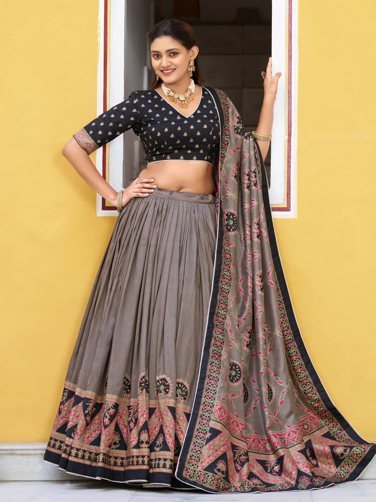 Glorious Black Digital Printed Silk Event Wear Lehenga Choli With Dupatta