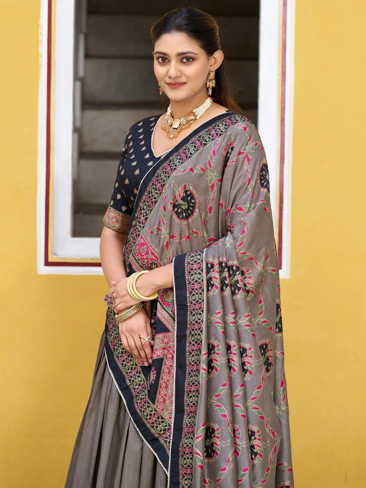 Glorious Black Digital Printed Silk Event Wear Lehenga Choli With Dupatta