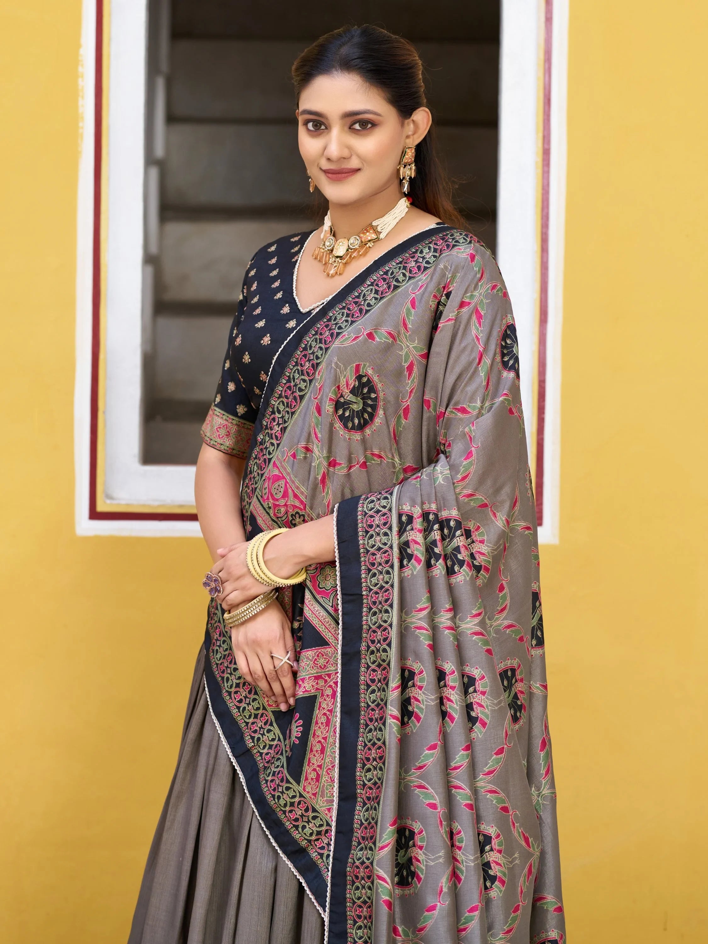 Glorious Black Digital Printed Silk Event Wear Lehenga Choli With Dupatta