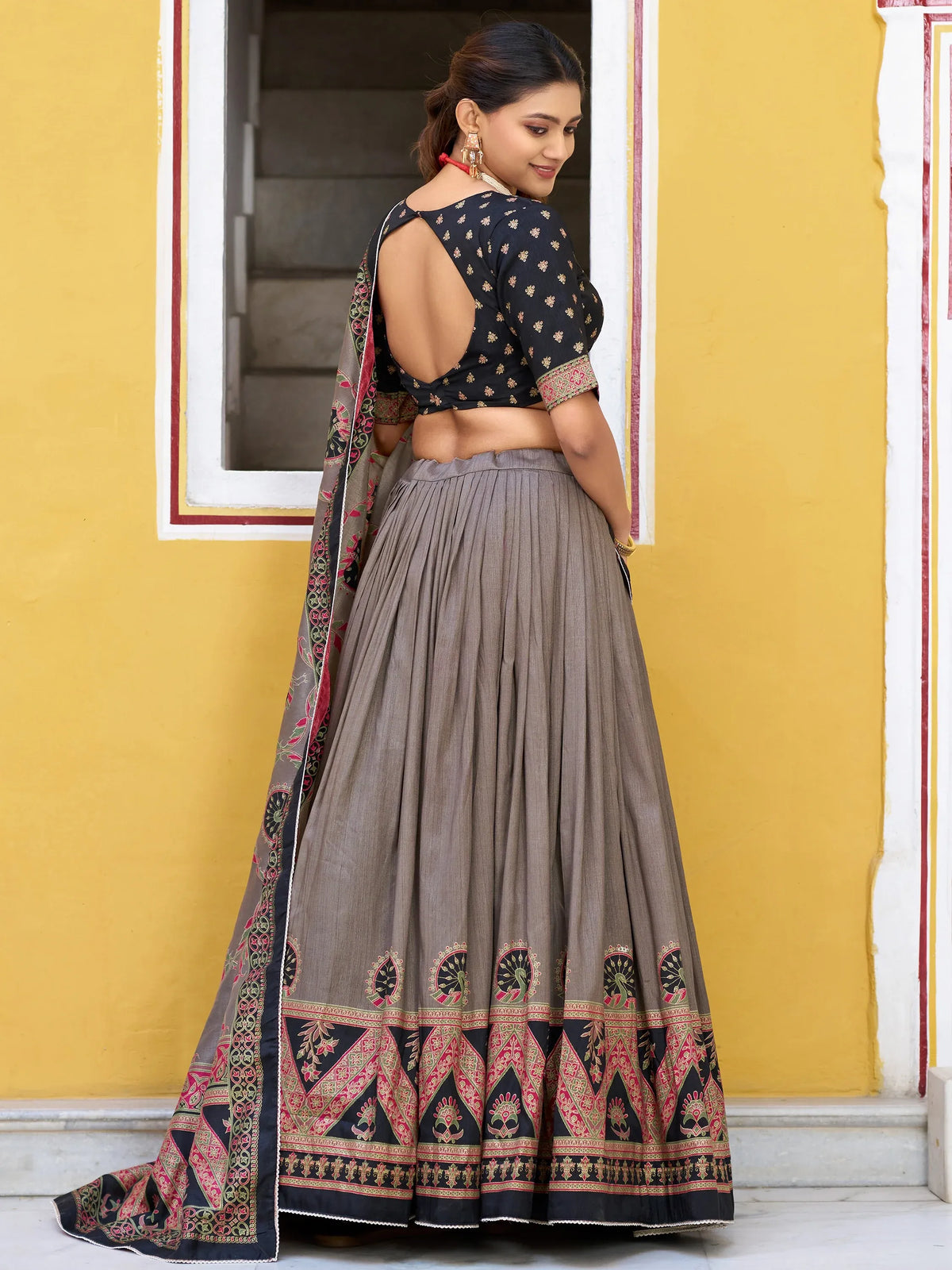 Glorious Black Digital Printed Silk Event Wear Lehenga Choli With Dupatta