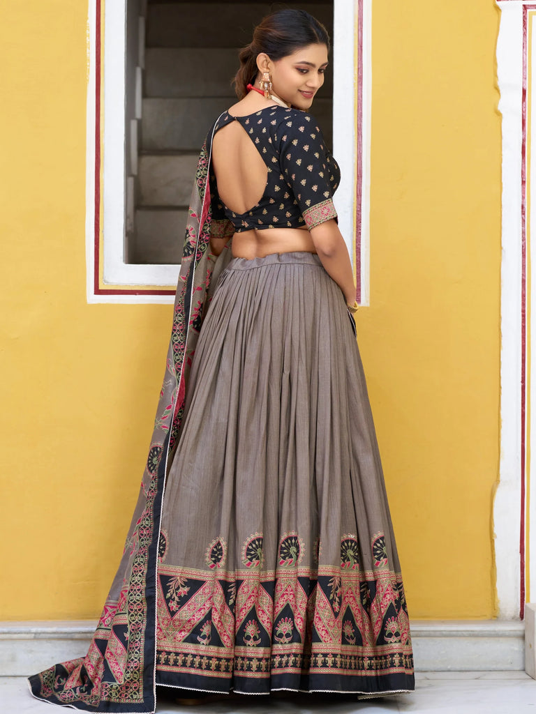Glorious Black Digital Printed Silk Event Wear Lehenga Choli With Dupatta