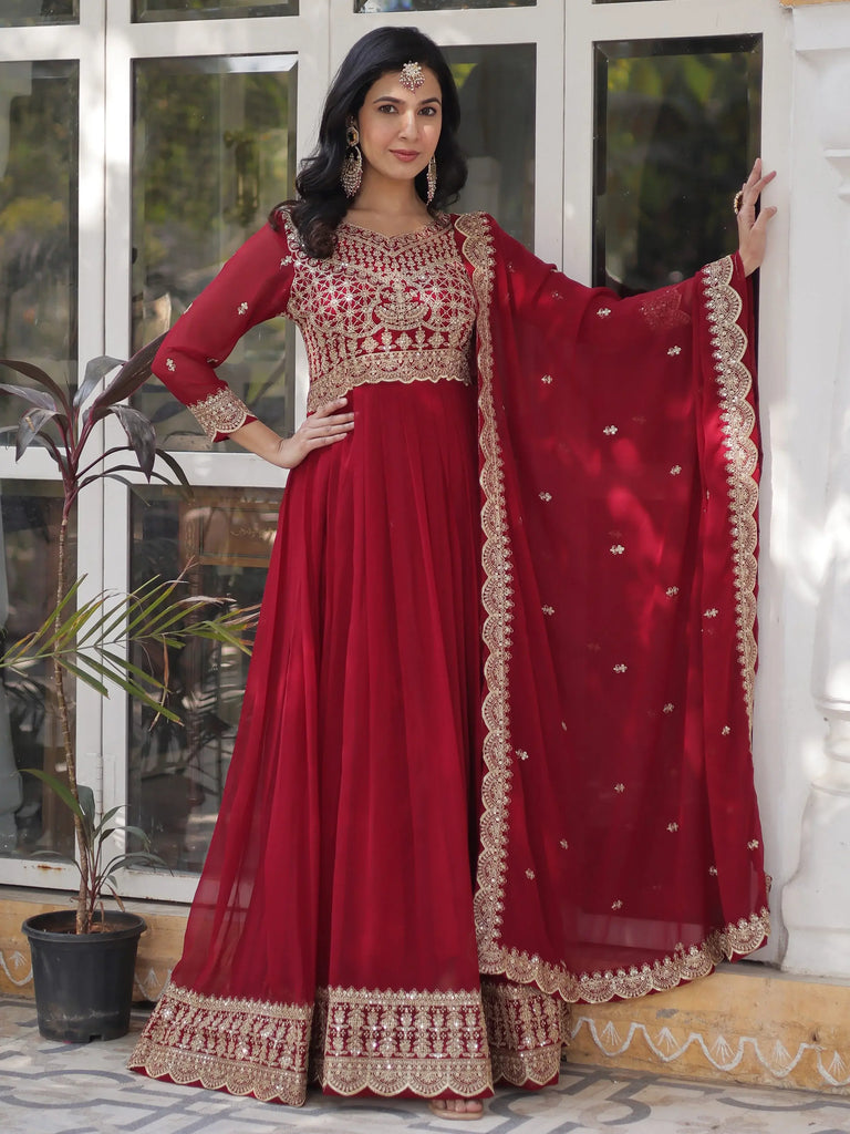 Classic Maroon Embroidered Georgette Wedding Wear Gown With Dupatta