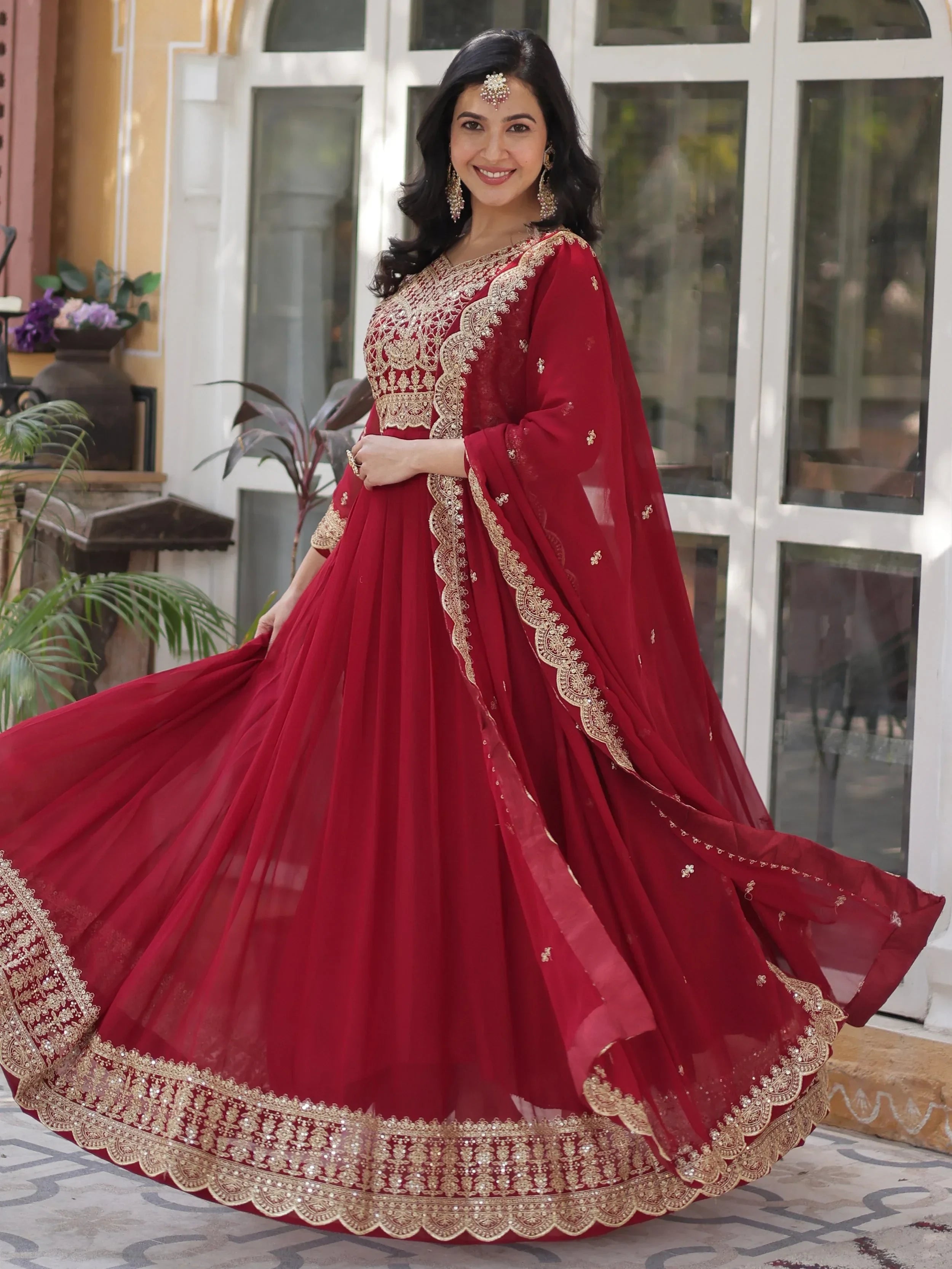 Classic Maroon Embroidered Georgette Wedding Wear Gown With Dupatta