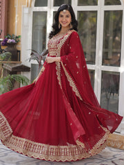 Classic Maroon Embroidered Georgette Wedding Wear Gown With Dupatta