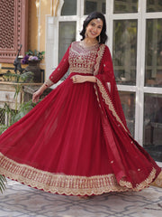 Classic Maroon Embroidered Georgette Wedding Wear Gown With Dupatta