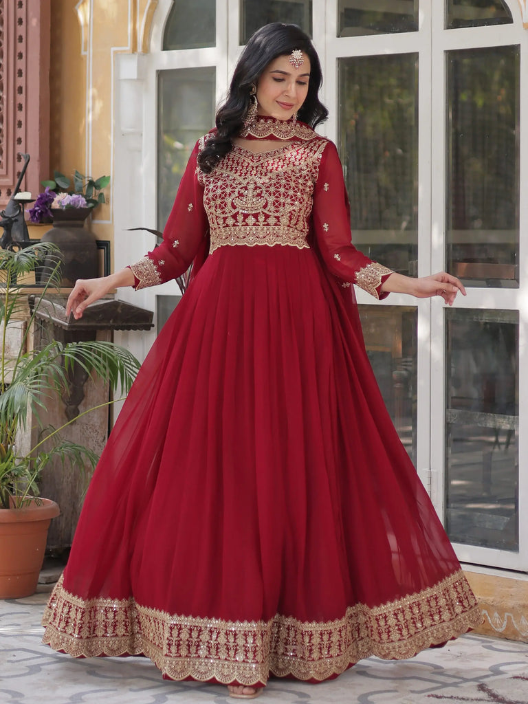 Classic Maroon Embroidered Georgette Wedding Wear Gown With Dupatta