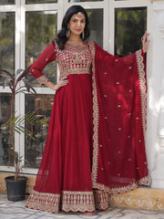 Classic Maroon Embroidered Georgette Wedding Wear Gown With Dupatta