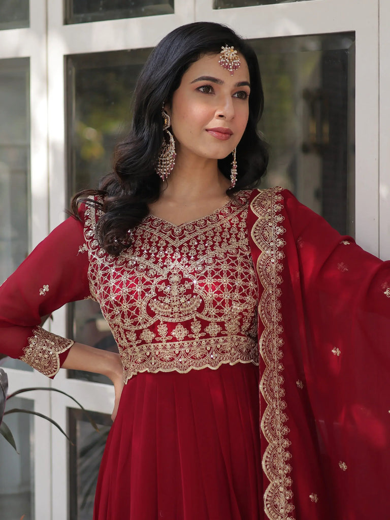 Classic Maroon Embroidered Georgette Wedding Wear Gown With Dupatta
