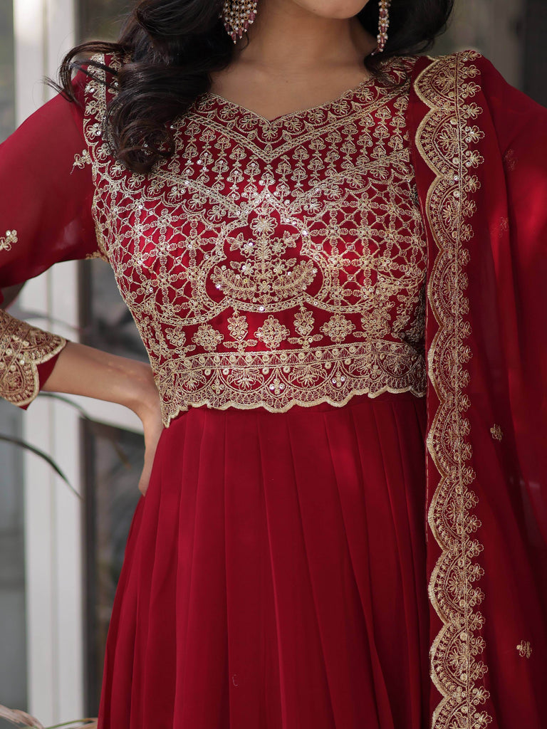 Classic Maroon Embroidered Georgette Wedding Wear Gown With Dupatta