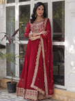 Classic Maroon Embroidered Georgette Wedding Wear Gown With Dupatta