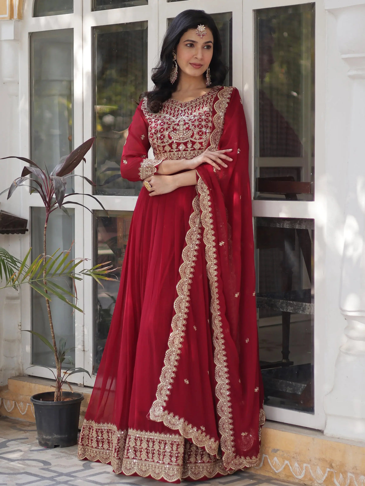 Classic Maroon Embroidered Georgette Wedding Wear Gown With Dupatta