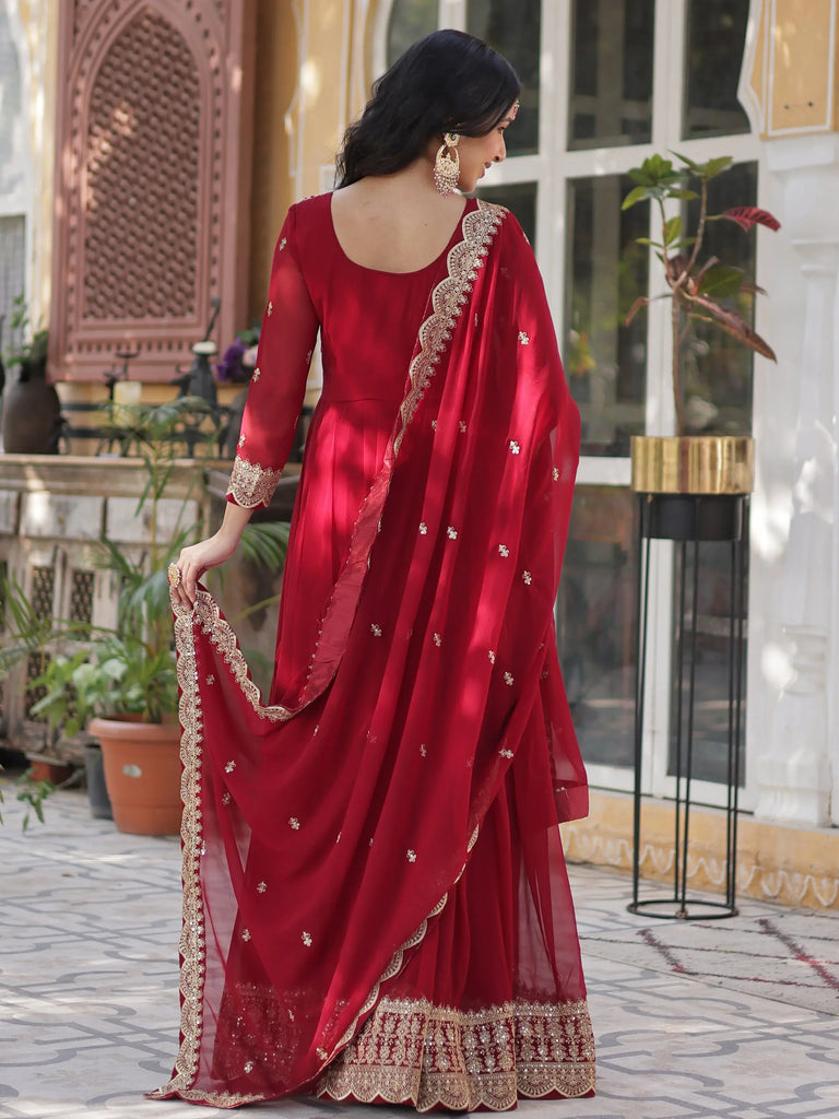 Classic Maroon Embroidered Georgette Wedding Wear Gown With Dupatta