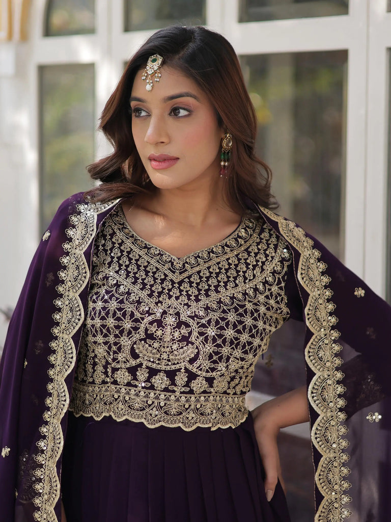 Alluring Purple Embroidered Georgette Festive Wear Gown With Dupatta