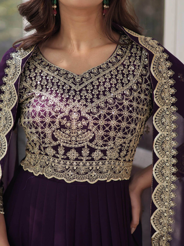 Alluring Purple Embroidered Georgette Festive Wear Gown With Dupatta