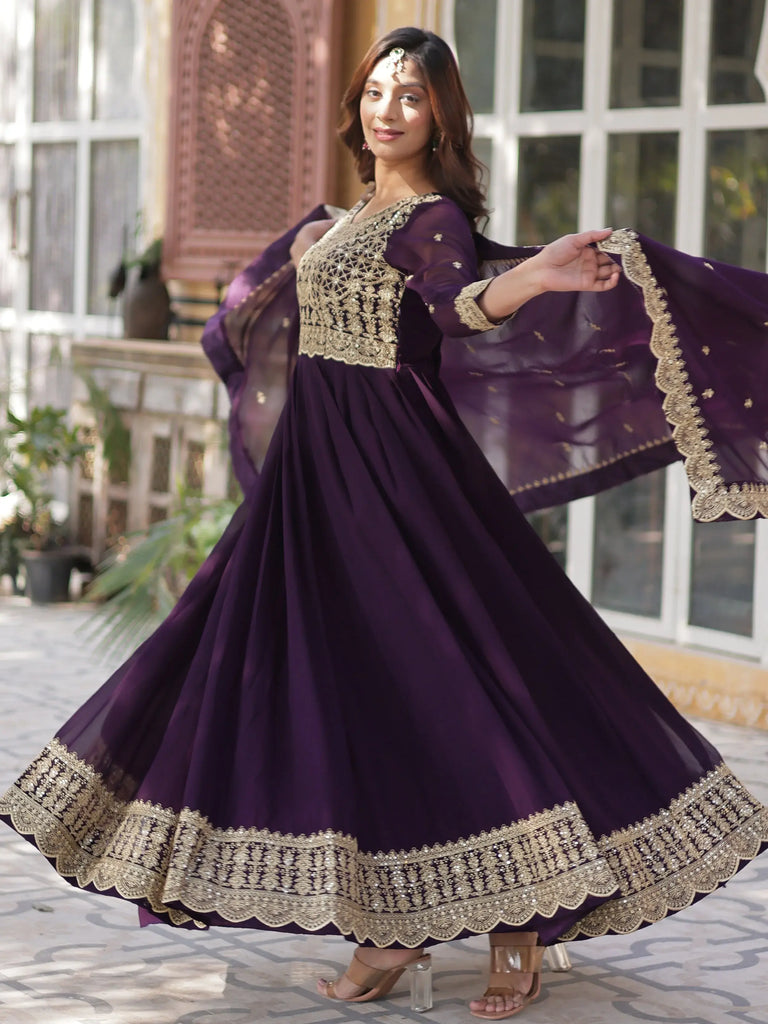 Alluring Purple Embroidered Georgette Festive Wear Gown With Dupatta