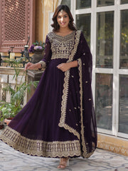 Alluring Purple Embroidered Georgette Festive Wear Gown With Dupatta