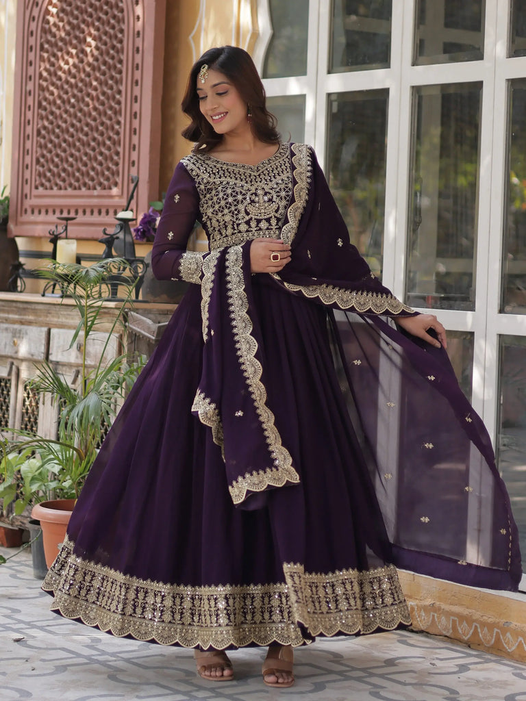 Alluring Purple Embroidered Georgette Festive Wear Gown With Dupatta