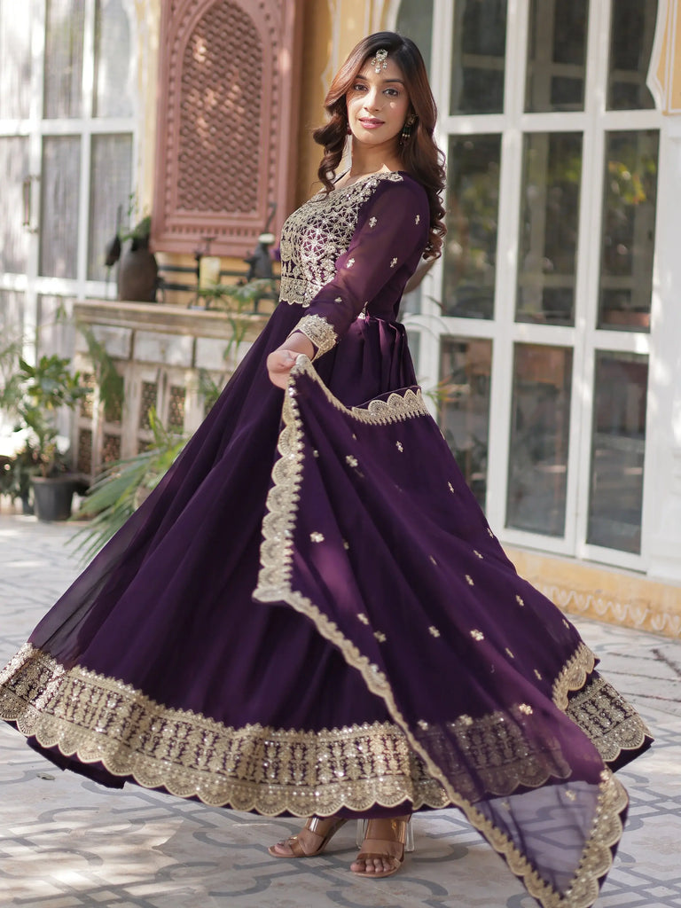 Alluring Purple Embroidered Georgette Festive Wear Gown With Dupatta