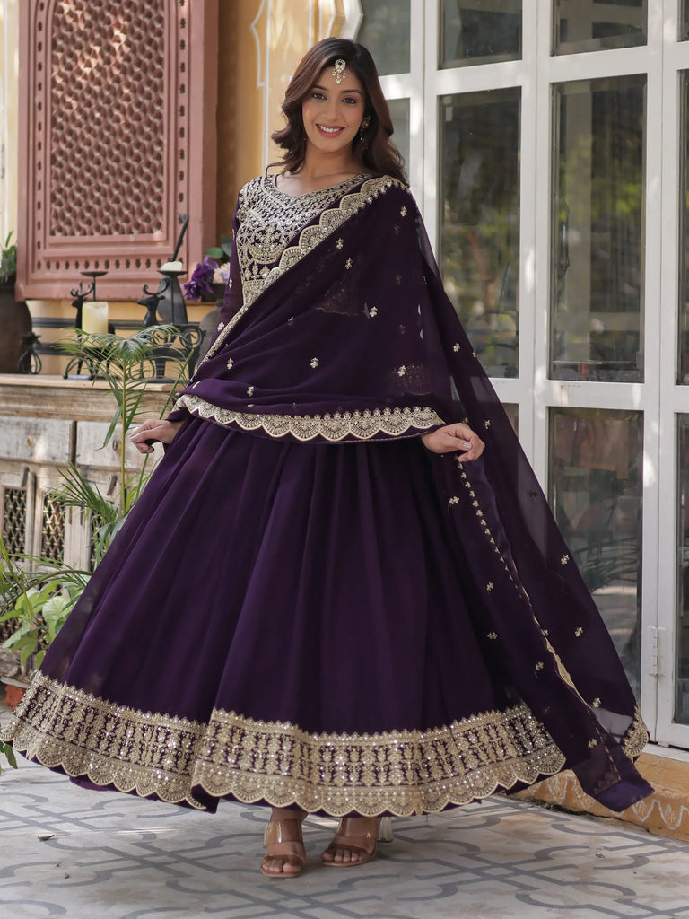 Alluring Purple Embroidered Georgette Festive Wear Gown With Dupatta