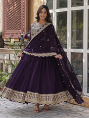 Alluring Purple Embroidered Georgette Festive Wear Gown With Dupatta