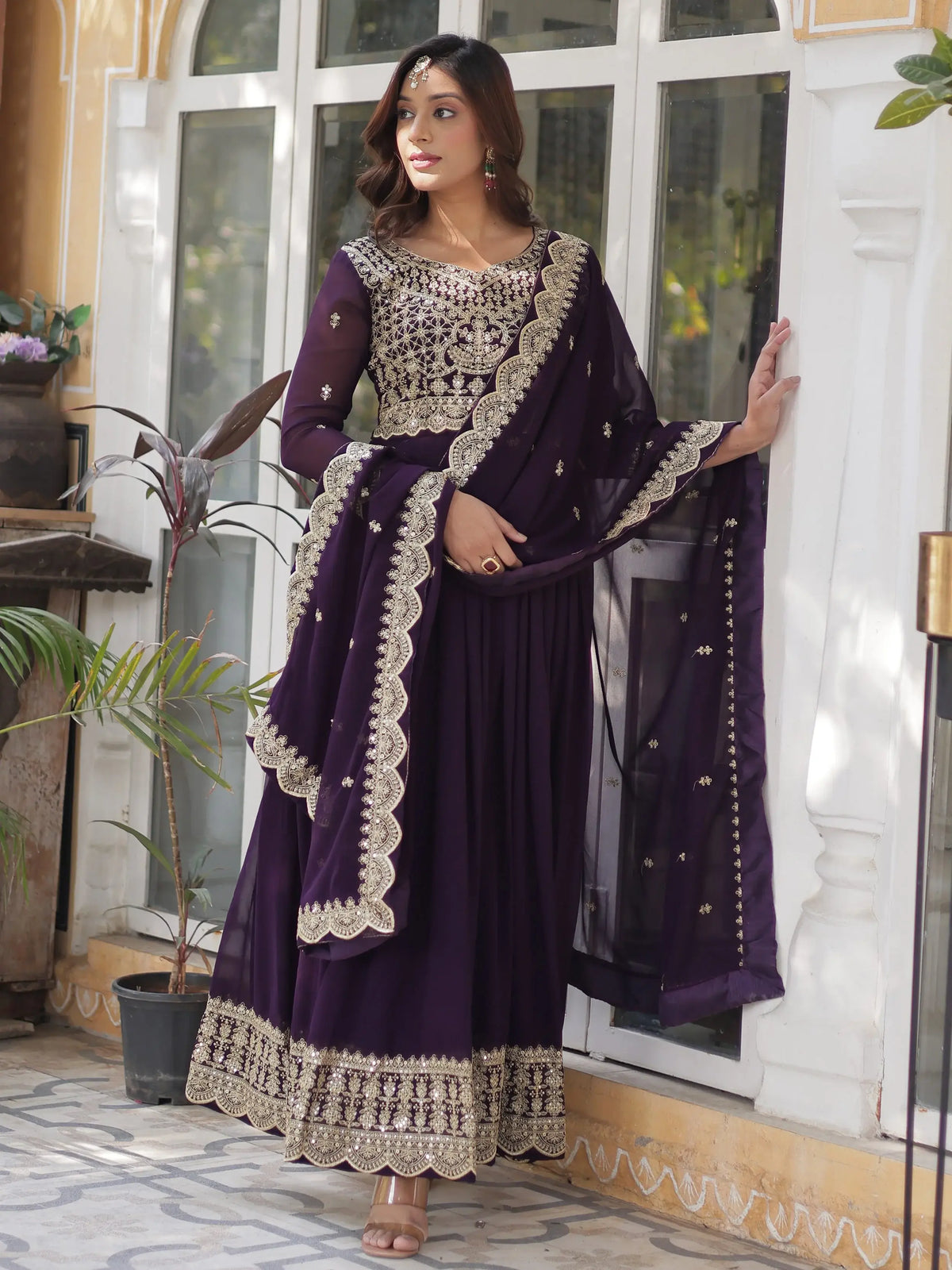Alluring Purple Embroidered Georgette Festive Wear Gown With Dupatta