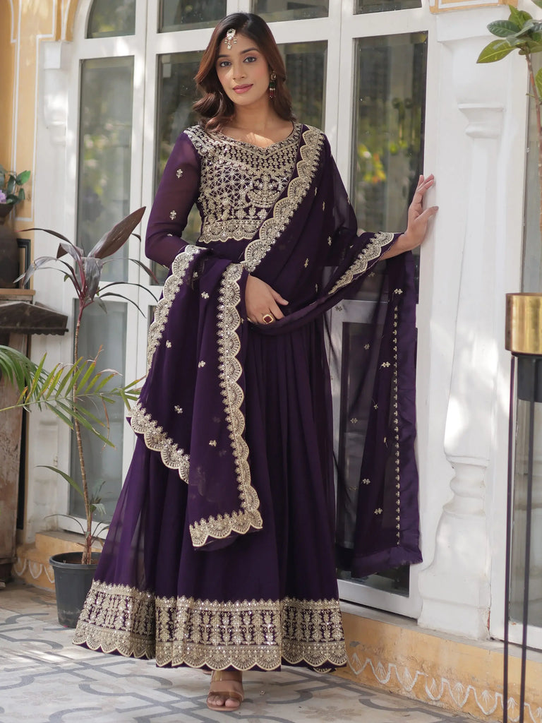 Alluring Purple Embroidered Georgette Festive Wear Gown With Dupatta