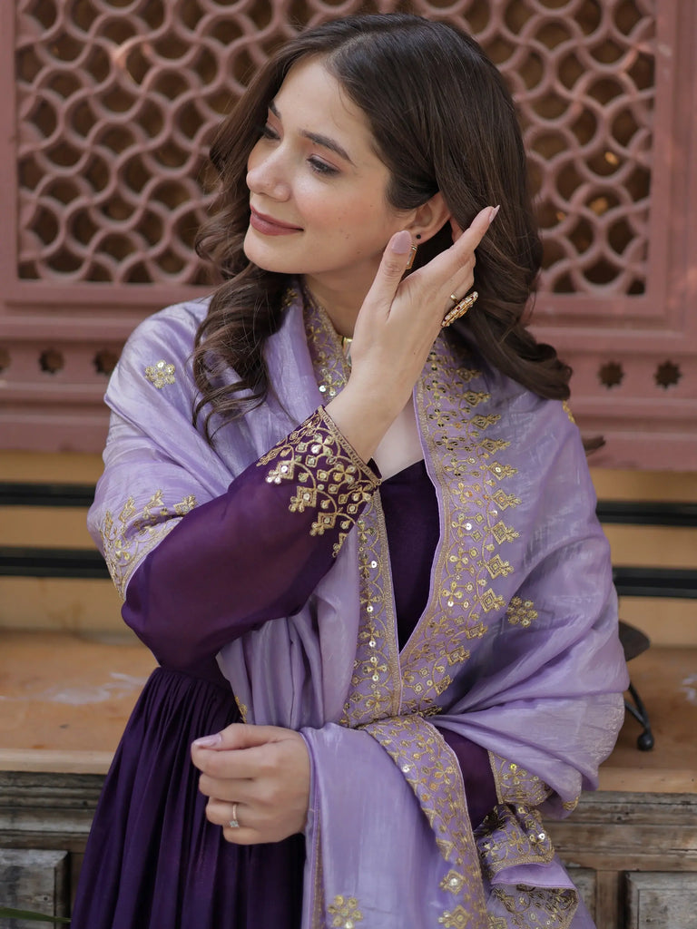 Classic Purple Embroidered Georgette Wedding Wear Gown With Dupatta 