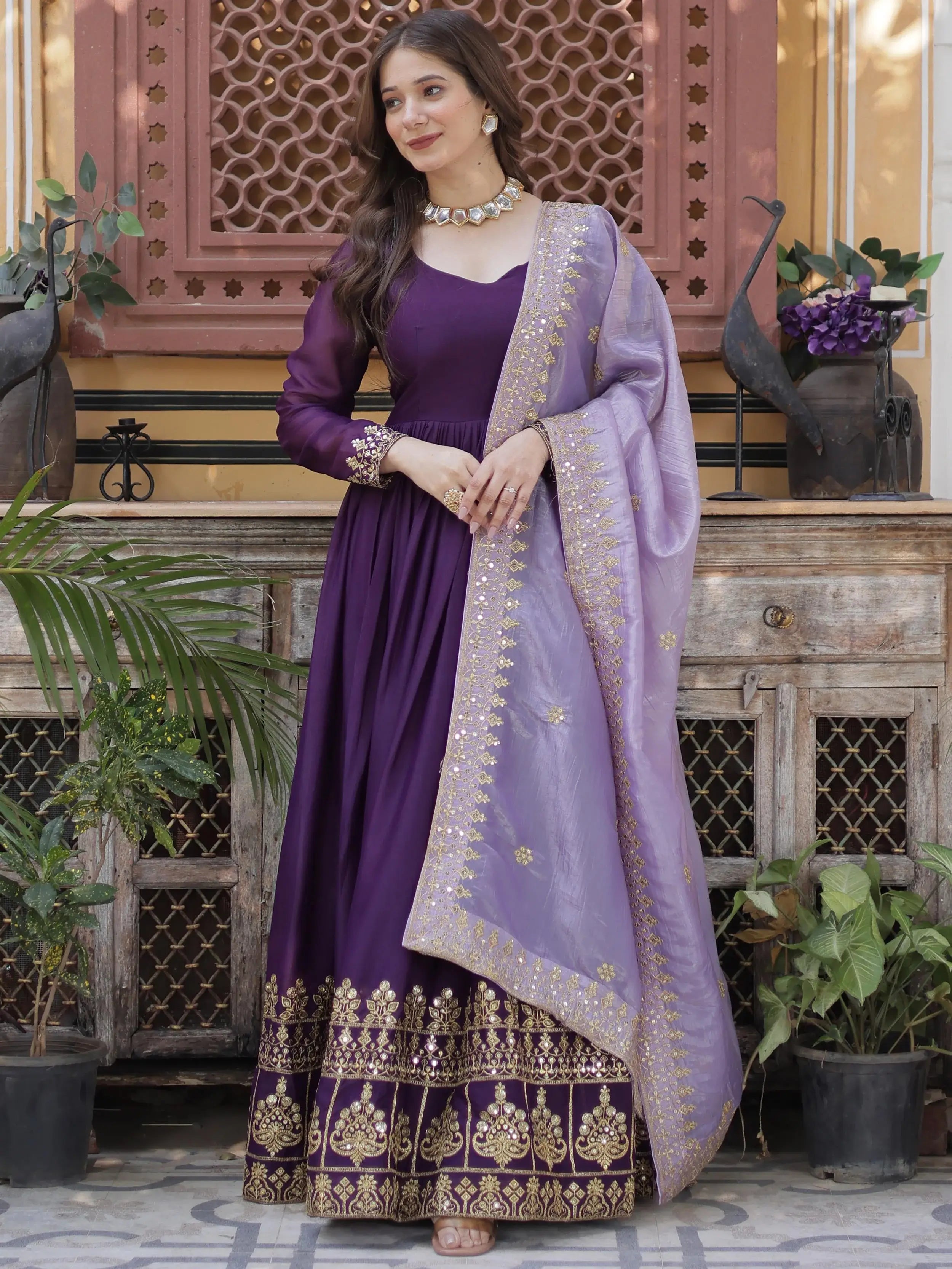 Classic Purple Embroidered Georgette Wedding Wear Gown With Dupatta 