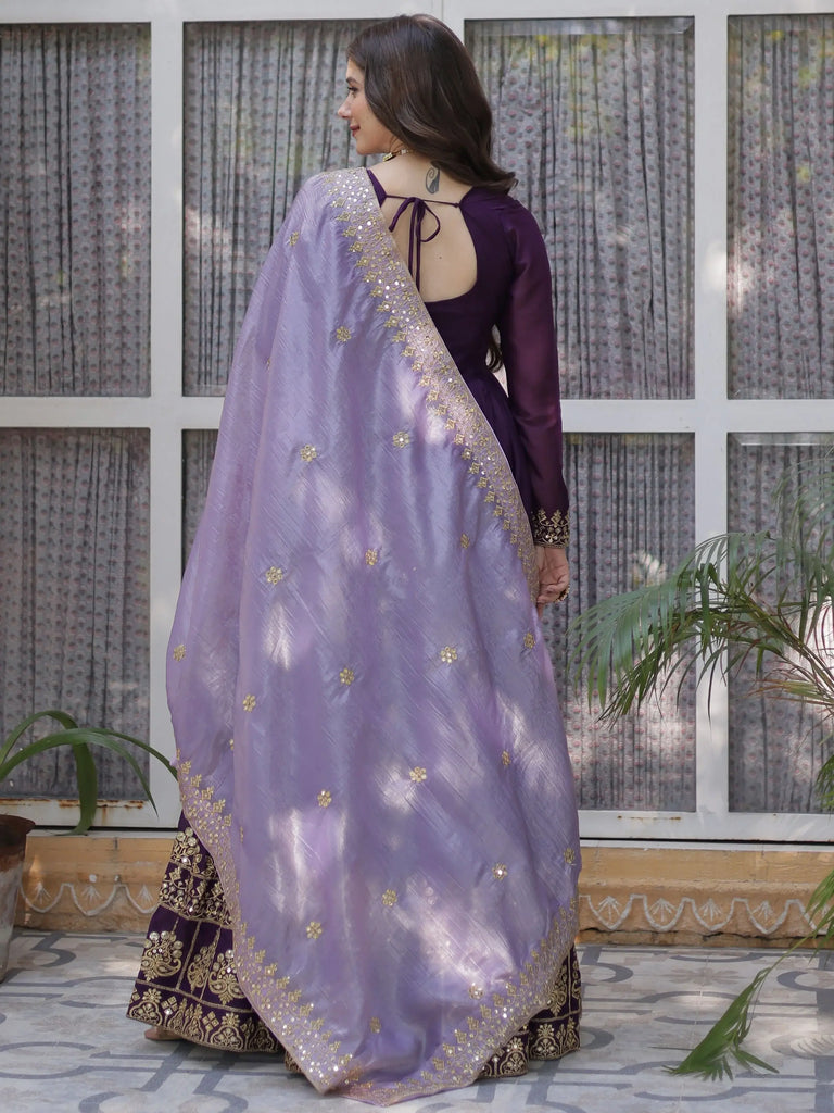 Classic Purple Embroidered Georgette Wedding Wear Gown With Dupatta 