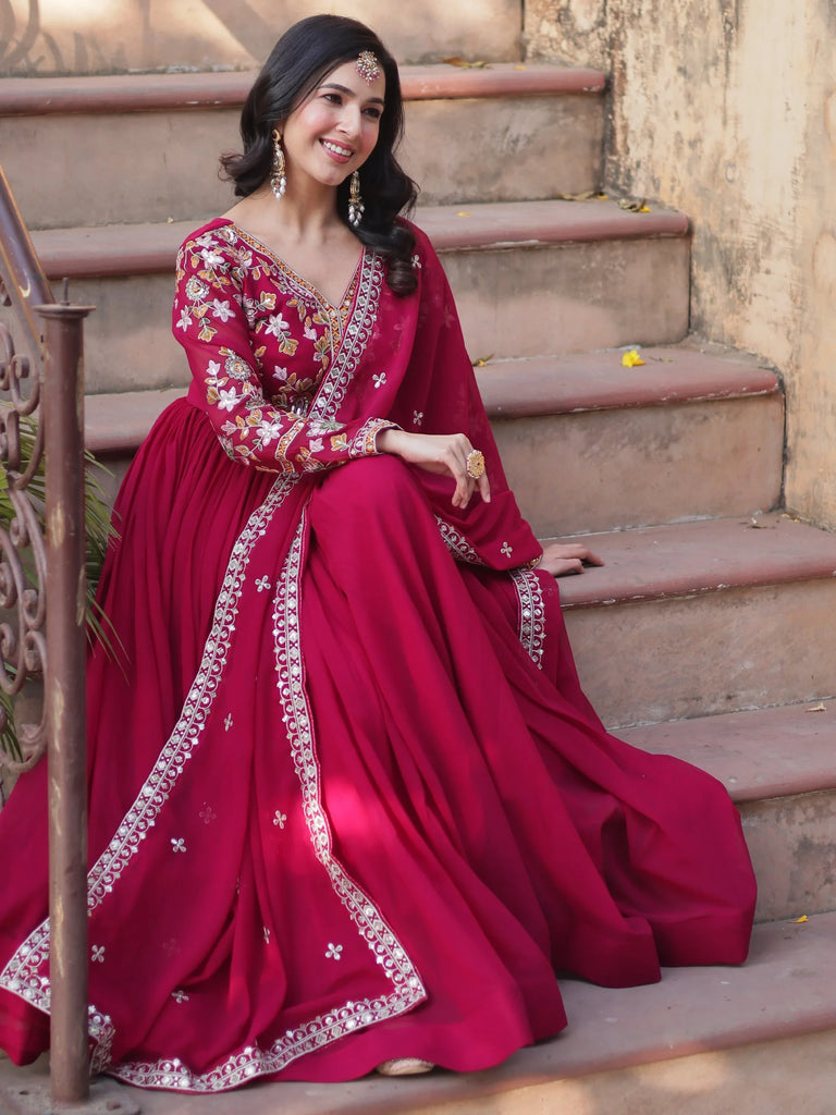 Noteworthy Pink Floral Work Georgette Engagement Wear Gown With Dupatta