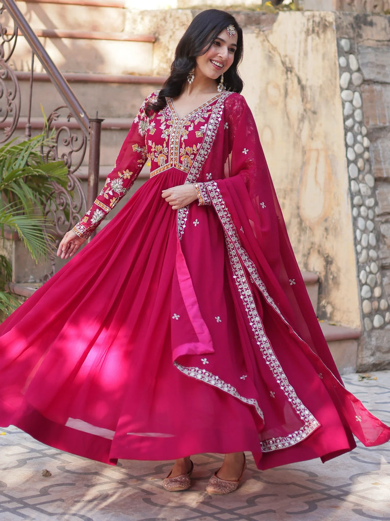 Noteworthy Pink Floral Work Georgette Engagement Wear Gown With Dupatta