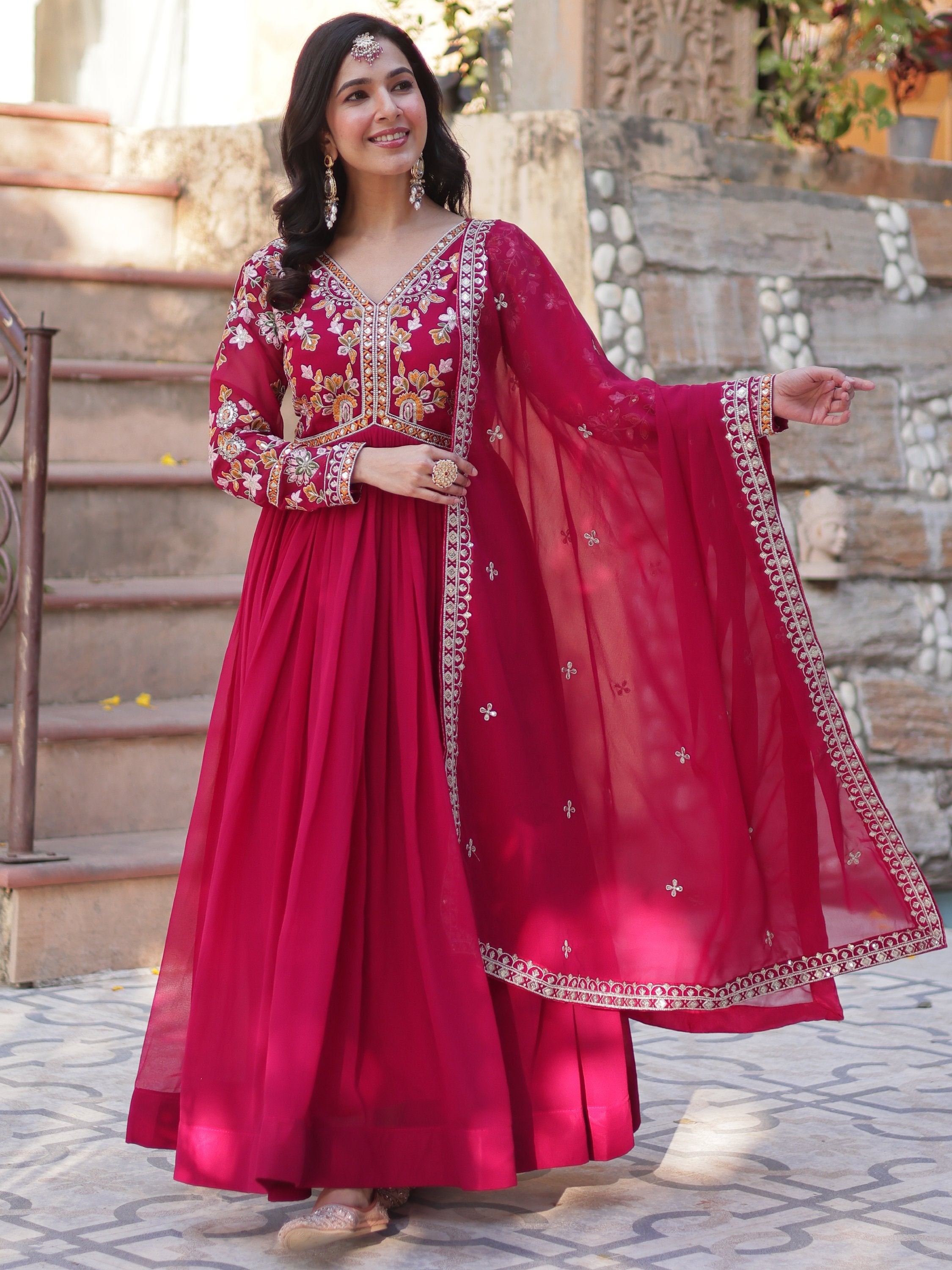 Noteworthy Pink Floral Work Georgette Engagement Wear Gown With Dupatta
