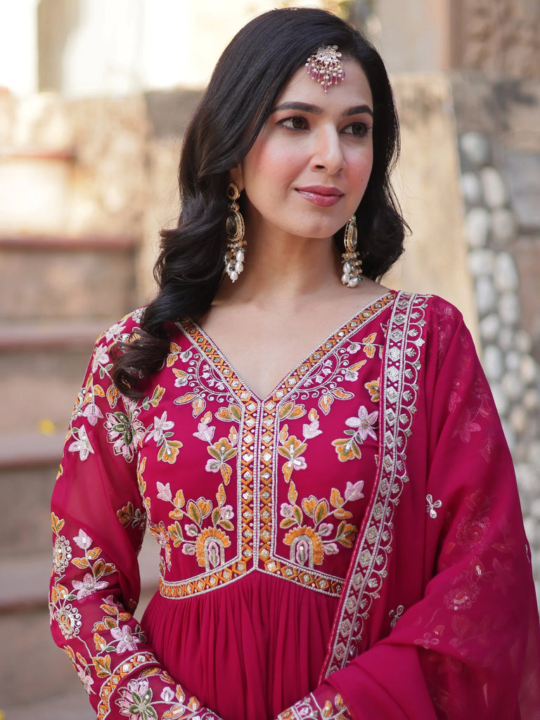 Noteworthy Pink Floral Work Georgette Engagement Wear Gown With Dupatta