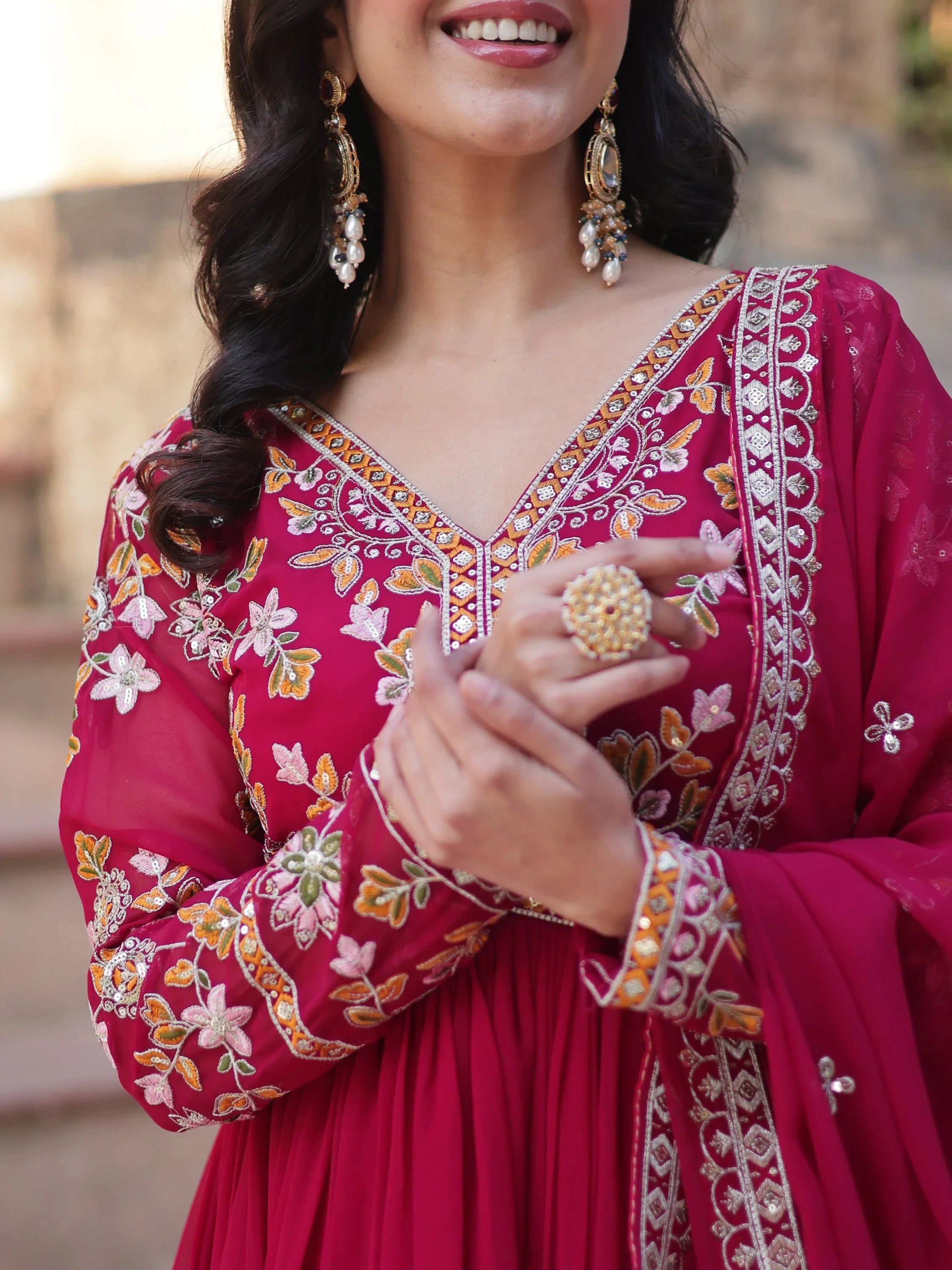Noteworthy Pink Floral Work Georgette Engagement Wear Gown With Dupatta