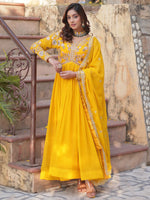Artistic Yellow Thread Work Georgette Haldi Wear Gown With Dupatta