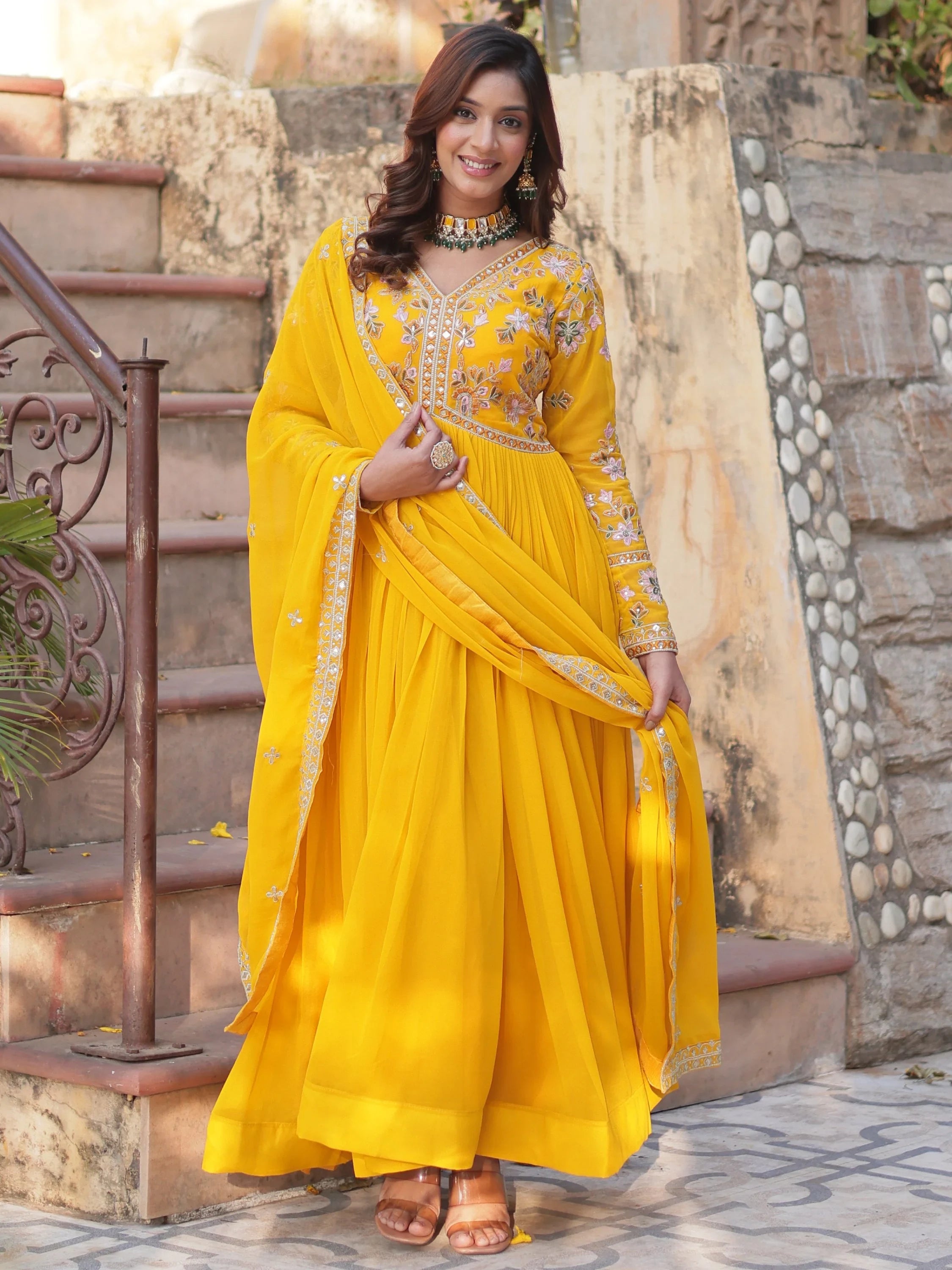 Artistic Yellow Thread Work Georgette Haldi Wear Gown With Dupatta
