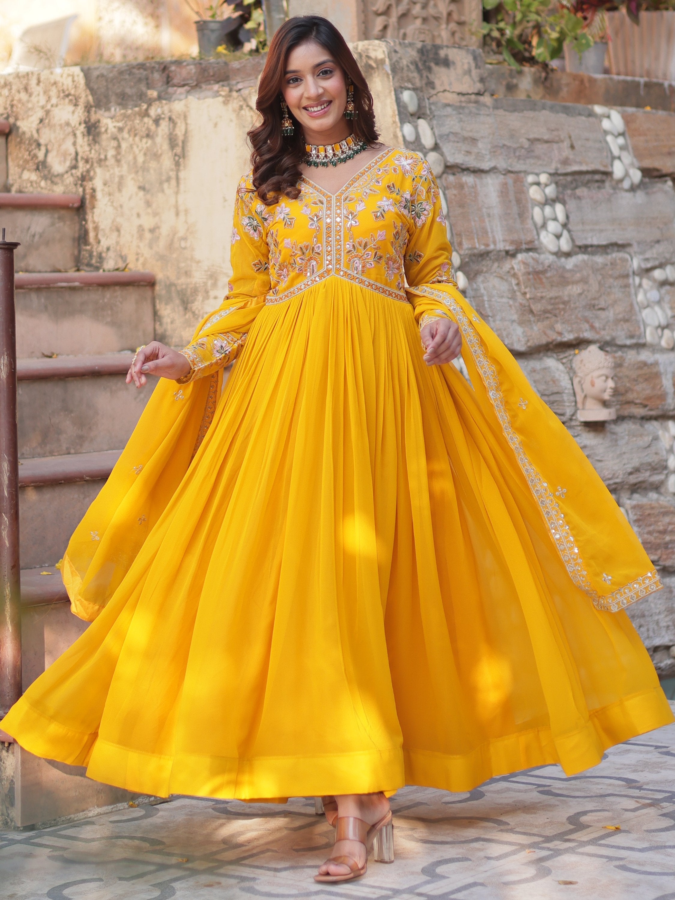 Artistic Yellow Thread Work Georgette Haldi Wear Gown With Dupatta