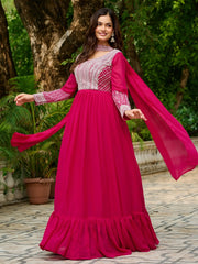 Alluring Pink Georgette Sequins Embroidered Gown With Dupatta