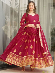 Magnetic Pink Zari Embroidery Georgette Festive Wear Gown With Dupatta