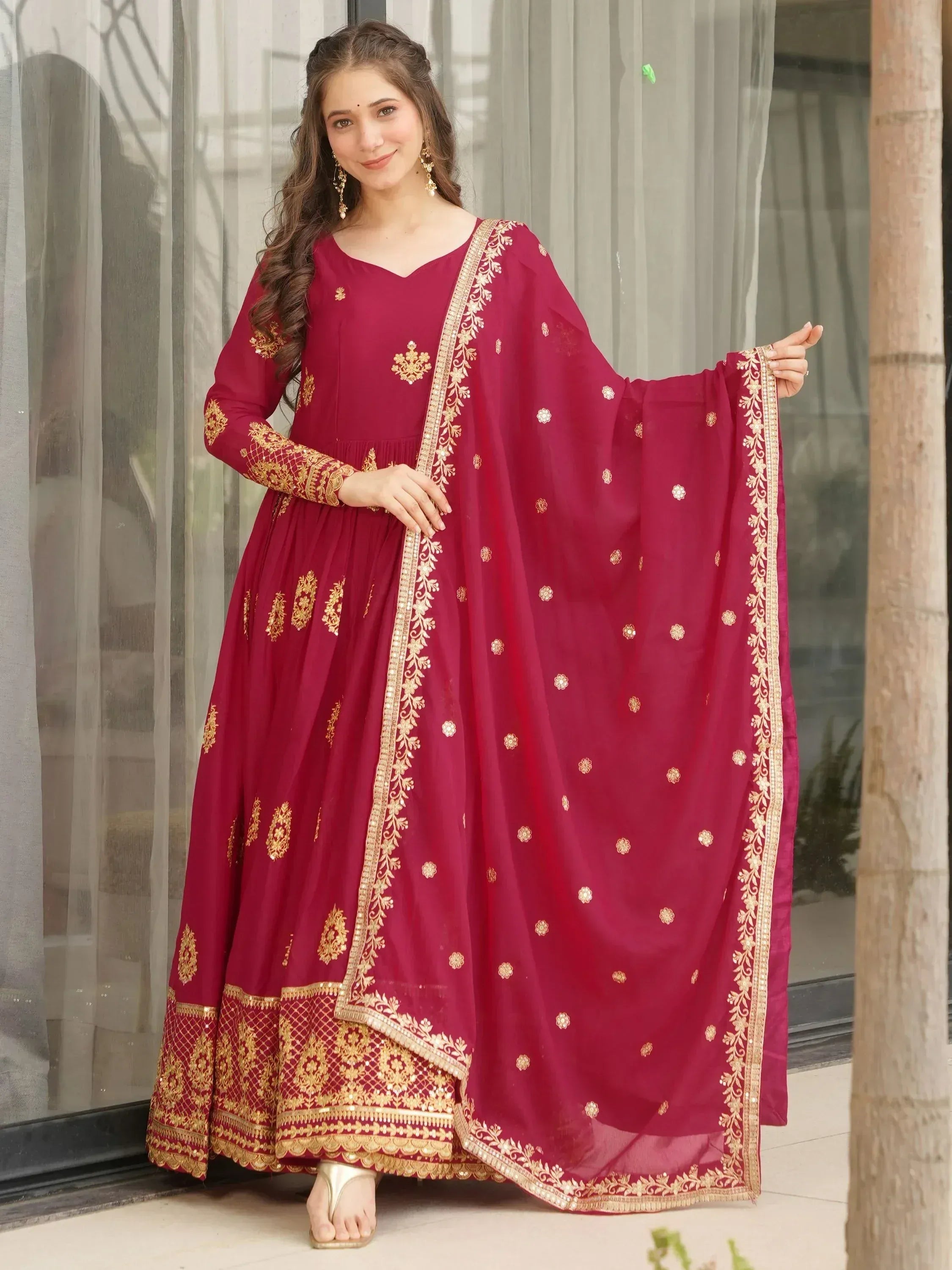Maroon Indian anarkali suit with gold embroidery and dupatta, ethnic wear for women