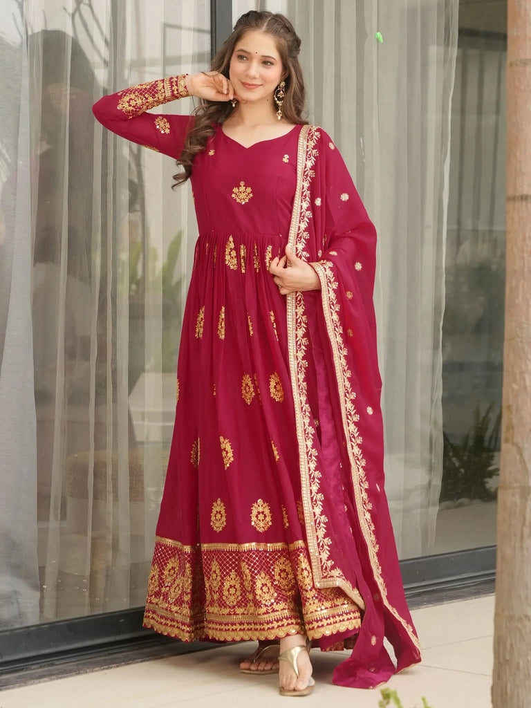 Magnetic Pink Zari Embroidery Georgette Festive Wear Gown With Dupatta