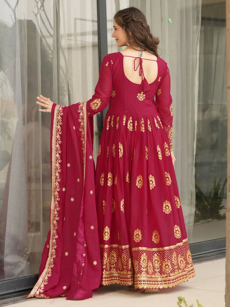 Magnetic Pink Zari Embroidery Georgette Festive Wear Gown With Dupatta