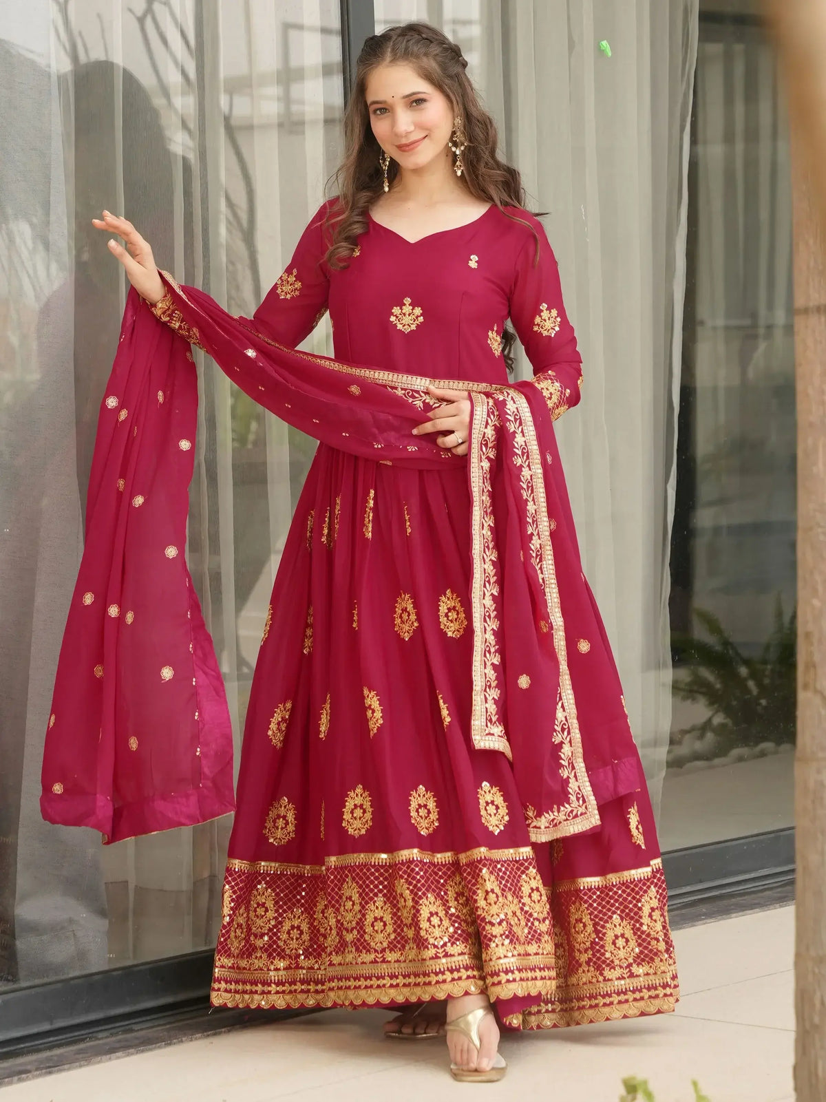 Magnetic Pink Zari Embroidery Georgette Festive Wear Gown With Dupatta