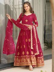Magnetic Pink Zari Embroidery Georgette Festive Wear Gown With Dupatta