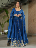 Awesome Blue Chinon Floral Embroidery Festival Wear Gown With Dupatta